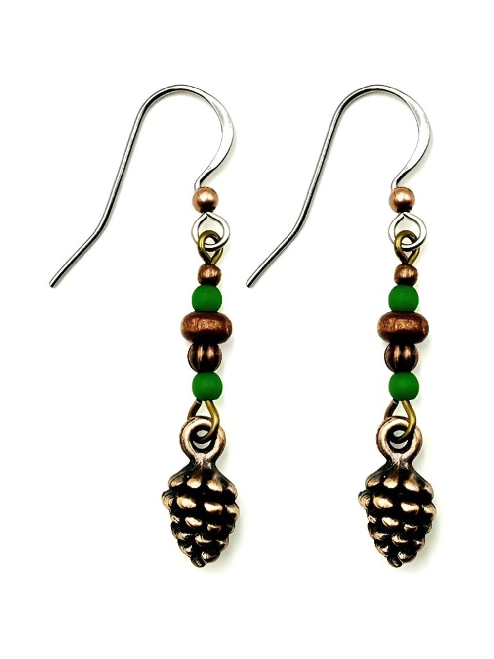 Adorable Little Copper Pinecone Dangle Earrings in Earthy Forest Colors Green